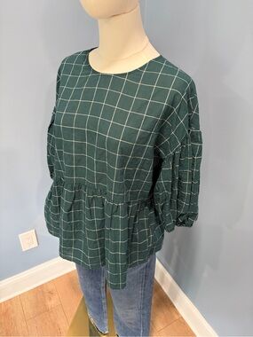 A New Day Green Windowpane Peplum Blouse Size Small Puff Sleeve Babydoll Top
